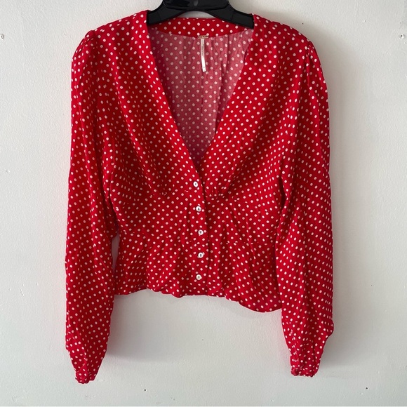 Free People Red White Retro Polka Dot Long Sleeve Love Street Top 37629 - Picture 2 of 10